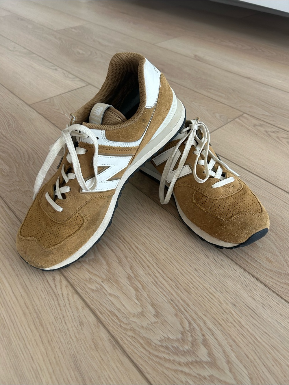 New Balance 574 Tan Suede Sneakers with White Accents